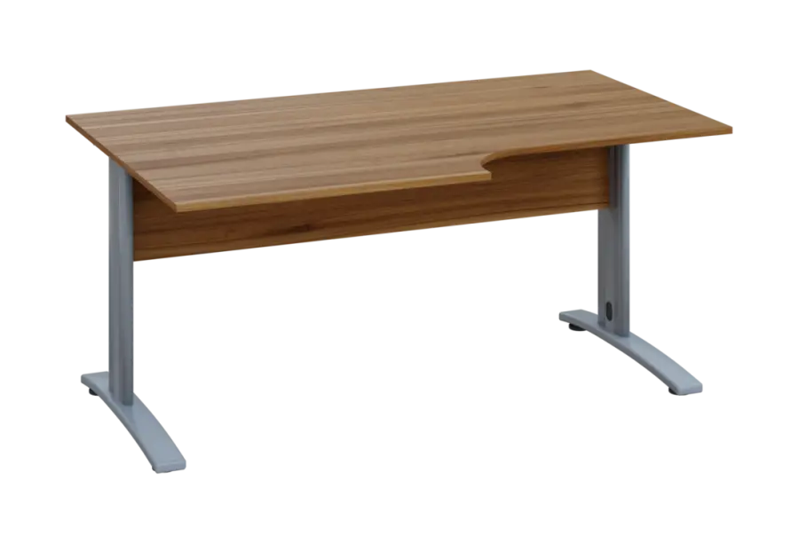 ERK 28 - 168 stůl kancelářský, rohový, levý, kovová podnož stříbrná, deska 25 mm, široký 1600 mm, ořech světlý